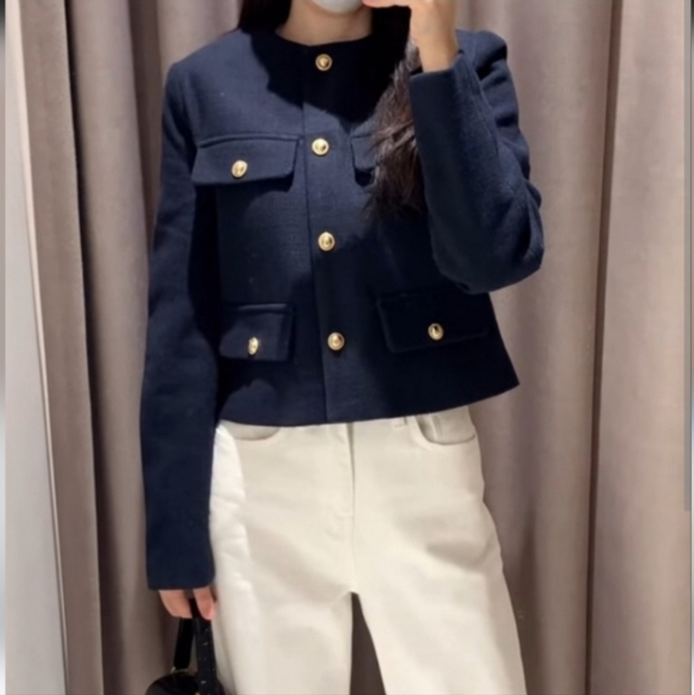 Zara textured tweed jacket blazer navy blue size XS Jewel
